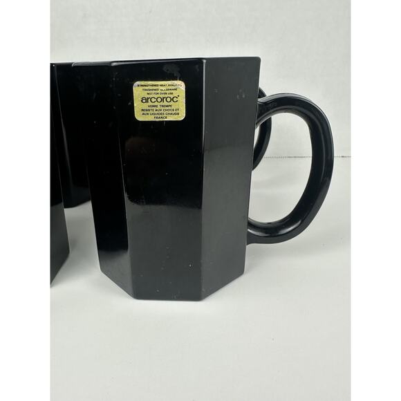VTG Arcoroc Black Glass Mugs Octagonal Made In France Retro Vibe - Picture 2 of 5